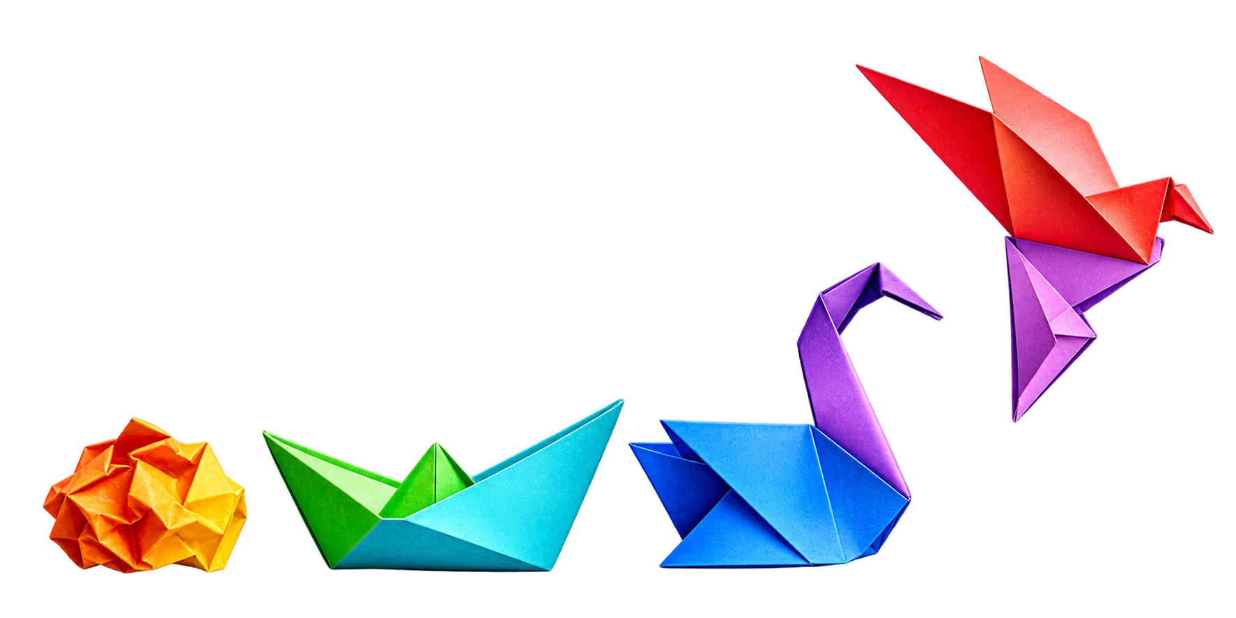 A crisp origami sequence transforming from crumpled paper through a boat and swan into a bird in flight